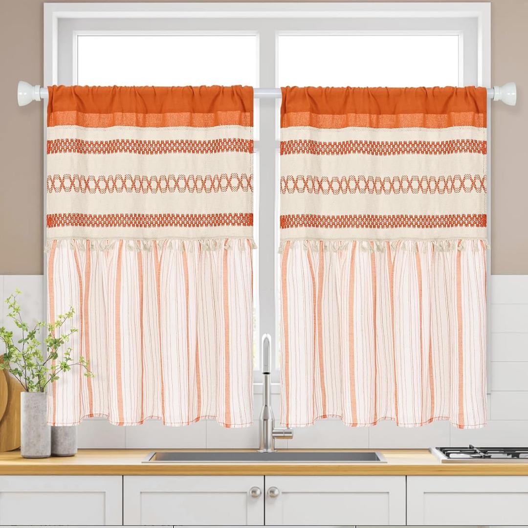 FRAMICS Farmhouse Linen Kitchen Curtains 36 Inch Length Orange Striped Short Curtain for Windows Boho Crochet Small Window Curtains for Kitchen Rod Pocket Tier Curtain for Bathroom, Cafe, 2 Panels