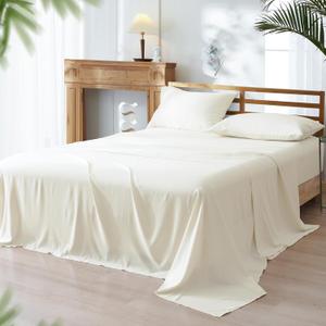 PHF Cooling Sheets Set Twin Size, Rayon Derived from Bamboo & Polyester, Breathable & Wrinkle Free Silky Soft Bedding Sheets, Wider Elastic Band, 16" Deep Pocket Bedding Set & Pillowcase, Cream, 4PCS-Twin
