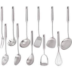 304 Stainless Steel Kitchen Utensils Set, 11PCS Metal Cooking Tools, Masher, Fork, Solid Spoon, Slotted Spoon, Spatula, Whisk, Skimmer, Slotted Spatula Tunner, Soup Ladle, Spaghetti Spoon, Large Ladle