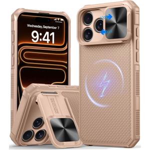 Magnetic for iPhone 17 Pro Max Case,[Compatible with Magsafe][Slide Camera Cover][Kickstand][Military Grade Protection] Shockproof Rugged Case for iPhone 17 Pro Max,Rose Gold