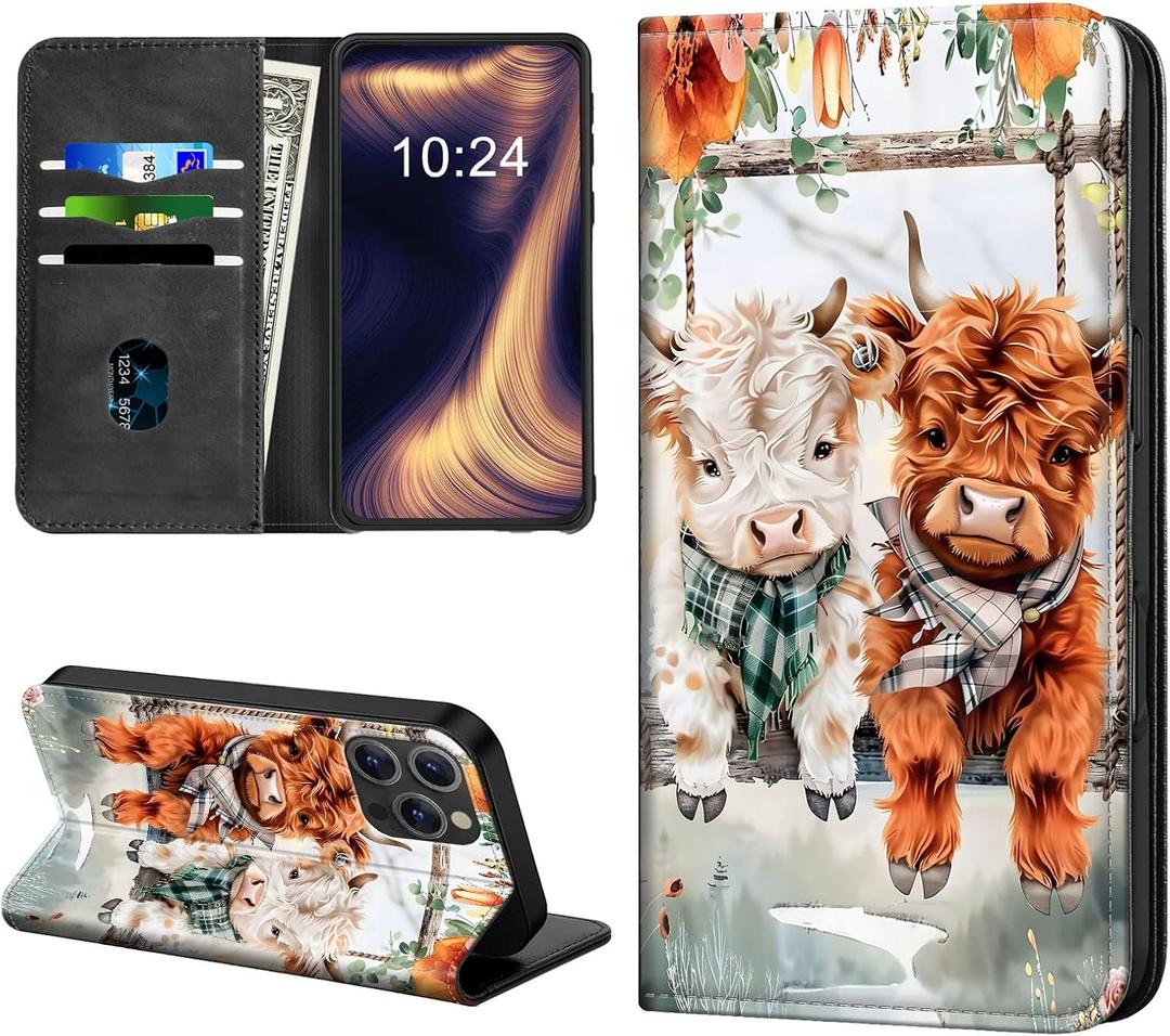 for iPhone 15 Pro Max Phone Case, Flip PU Leather Kickstand Shockproof Phone Cover for iPhone 15 Pro Max, Phone Wallet with Card Holder Slot and Magnetic Clasp, Cute Highland Cows
