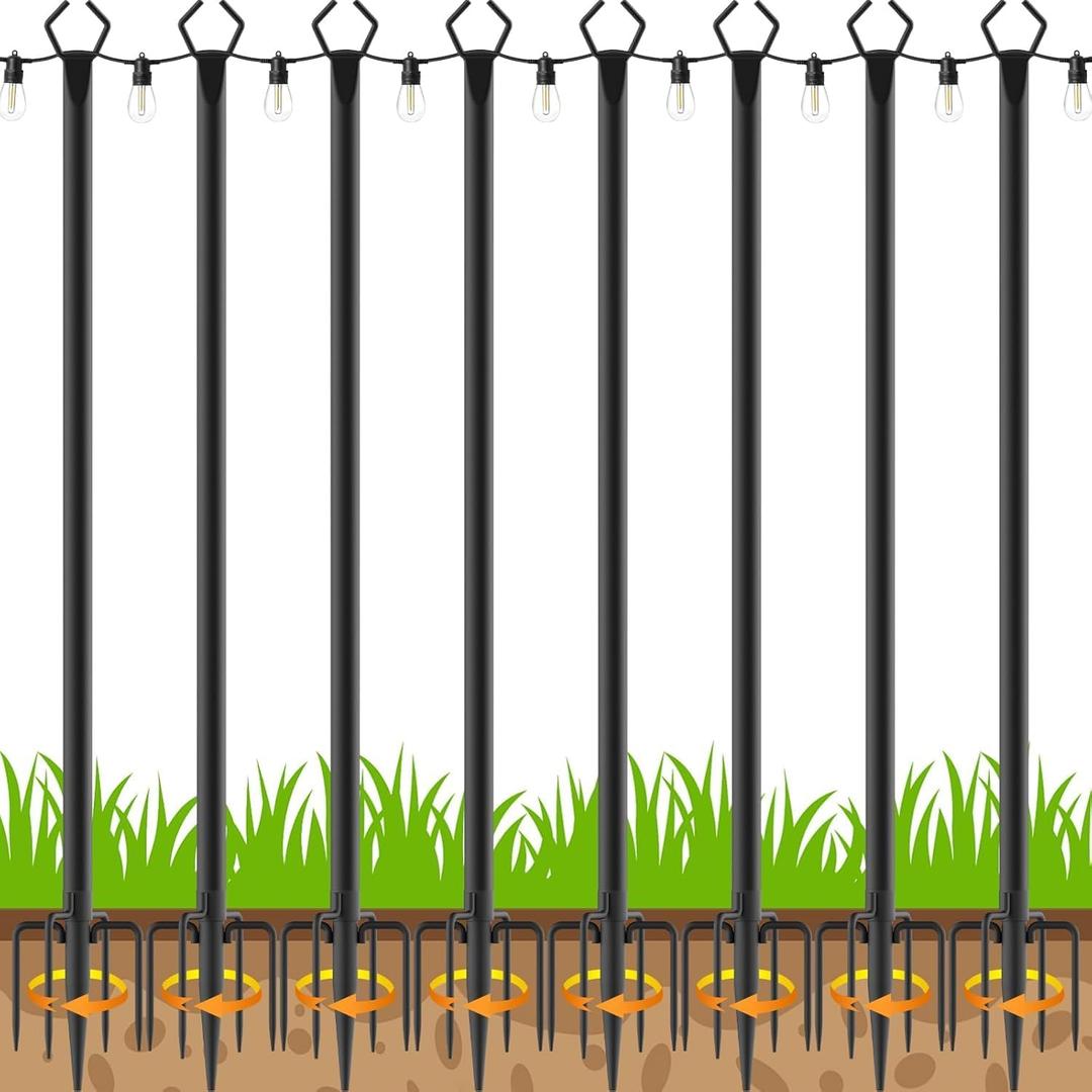 AILBTON 10Ft String Light Poles 8 Pack,Light Poles for Outside Lights,Outdoor with Fence Brackets Hanging Lights,Metal Stand Deck Patio Backyard