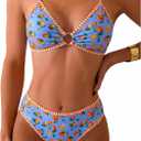 Tainehs Women's Two Piece Bikini Sets O Ring Front Top Ditsy Floral Triangle Swimsuits Cheeky Bathing Suit (Blue, M)