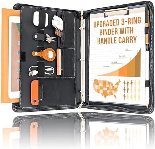 STYLIO Zipper Portfolio Binder | Padfolio 3 Ring Binder with Carrying Handle | Clipboard Folio, Portfolio Organizer for Documents, iPad, Tablet, Phone, Notebook | Business Folder for Men Women