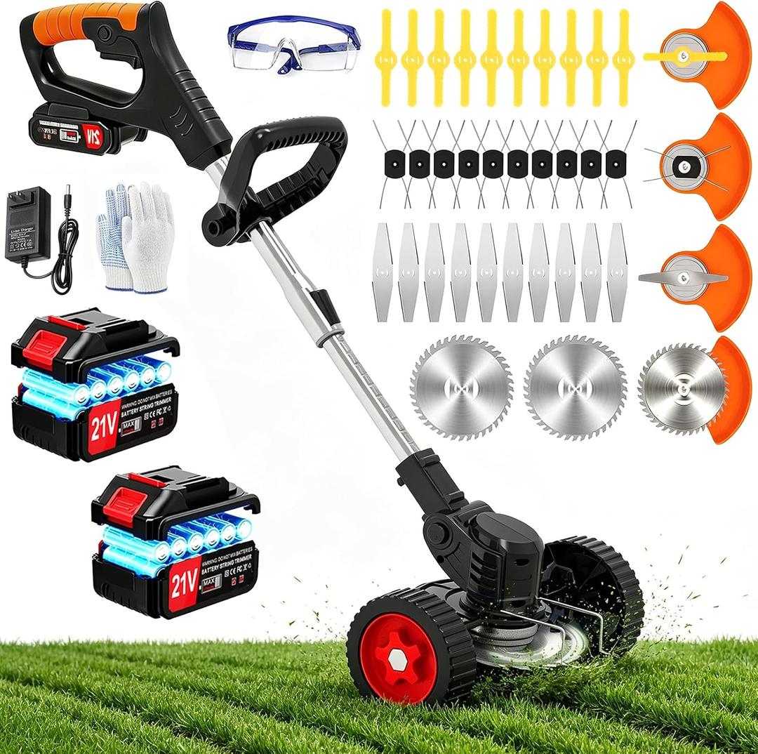 Electric Weed Wacker Cordless Eater No String Trimmer Battery Powered, 3 In 1 Lightweight Grass Trimmer/Brush Cutter/Lawn Edger with Wheels,Metal Blade&Charger, Stringless Weed Trimmer for Garden Yard