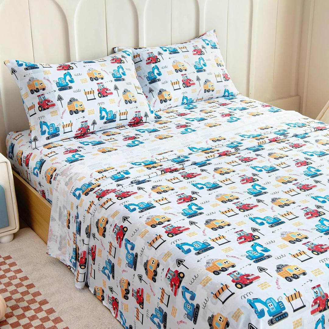 Full Sheet Set Kids - Cars 4 Pieces Soft Microfiber Cartoon Style Bedsheets for Boys Girls Teens, Oeko TEX Breathable 15 Inch Deep Pocket Sheets (Engineering Cars)
