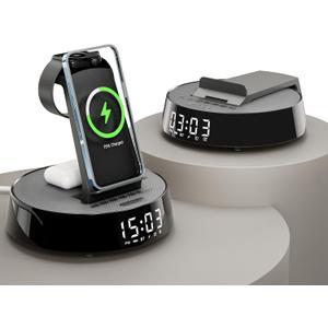 Alarm Clock with Wireless Charging Station, Clock for Bedroom with Night Light Bluetooth Speaker, Wireless Charger Dock Station for iPhone 17 16 15 14 13 12 Pro Max, Apple Watch 11, AirPods 3 (Black)