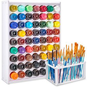 Juexica 63 Holes Acrylic Paint Holder Organizer Storage for 2 oz Bottle Craft Paints with Paintbrush Pens Markers Stand Vertical Wall Mounted Stand Plastic Storage Tower