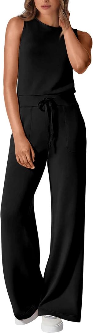 PRETTYGARDEN Jumpsuits for Women Casual 2026 Summer Sleeveless Wide Leg Pants Rompers One Piece Beach Vacation Spring Outfits (Black, S)