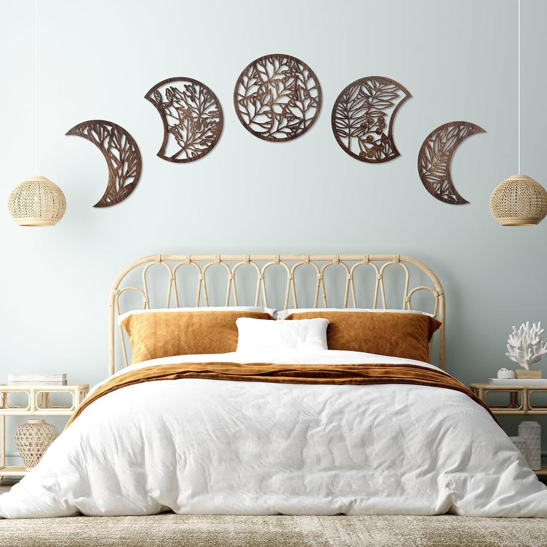 Jetec 5 Pcs Moon Phase Wall Art Decor Wall Pediments Hanging Wooden Phase Spiritual Bedroom Nordic Boho Lunar Aesthetic Art for Living Room Dorm Apartment Ornament(Dark Brown,15.75 Inch, Botanical)