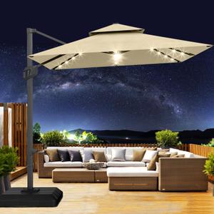 10' x 10' Heavy Duty Cantilever Patio Umbrella with Solar LED Lights & Weighted Base, 2-Tier Square Aluminum Offset Umbrella with 360-Degree Rotation for Backyard, Deck, Pool, Beige