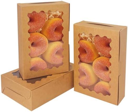 qiqee 9x6x2.5 Inch Brown Cookie Box with Window 15Pcs Pastry Macaron Bakery Box for Packaging
