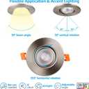 TORCHSTAR 5CCT 3 Inch Gimbal LED Recessed Light, CRI90+ Dimmable Swivel Adjustable Eyeball Downlight, Airtight IC, 2700K3000K3500K4000K5000K, Canless LED Ceiling Light, Satin Nickel, Pack of 6