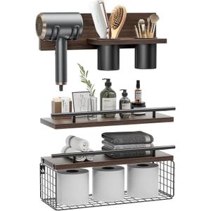 Bathroom Floating Shelves with Hair Dryer Holder - Wall Mounted Wood Wall Shelf with Blow Dryer Storage Over The Toilet - Set of 3 Rustic Brown Farmhouse Decor