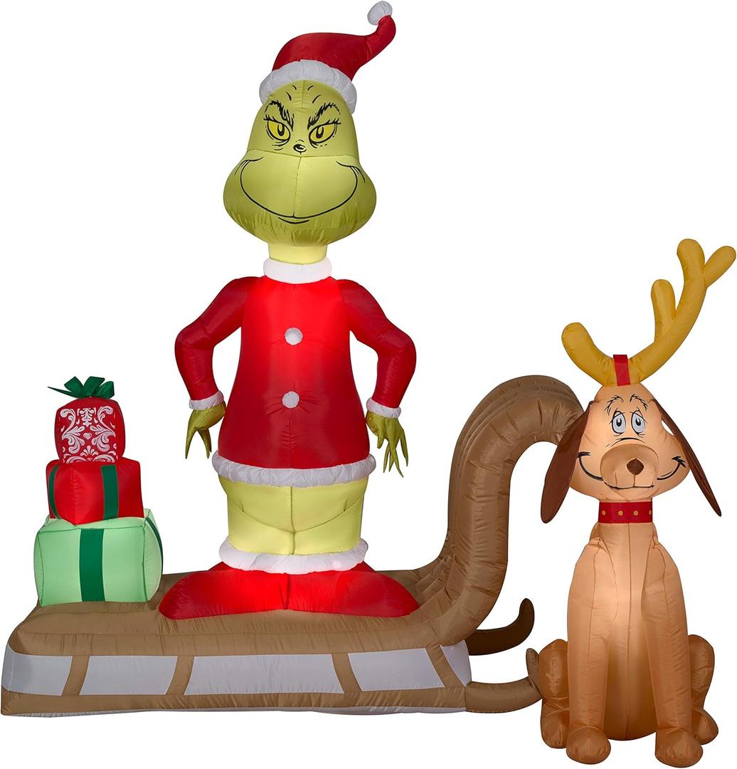 Gemmy 111796 Pre-lit Grinch and Max On Sled Scene Inflatable, Green/Red/Multicolor
