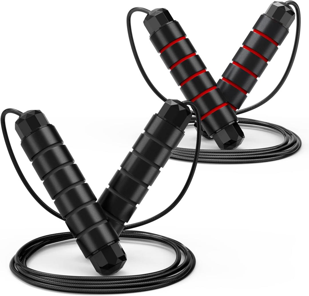 Jump Rope, Tangle-Free Rapid Speed Jumping Rope Cable with Ball Bearings for Women, Men, and Kids, Adjustable Steel Jump Rope with Foam Handles for Home Gym Exercise Fitness Workout Equipment & Slim Body (Black+Red)