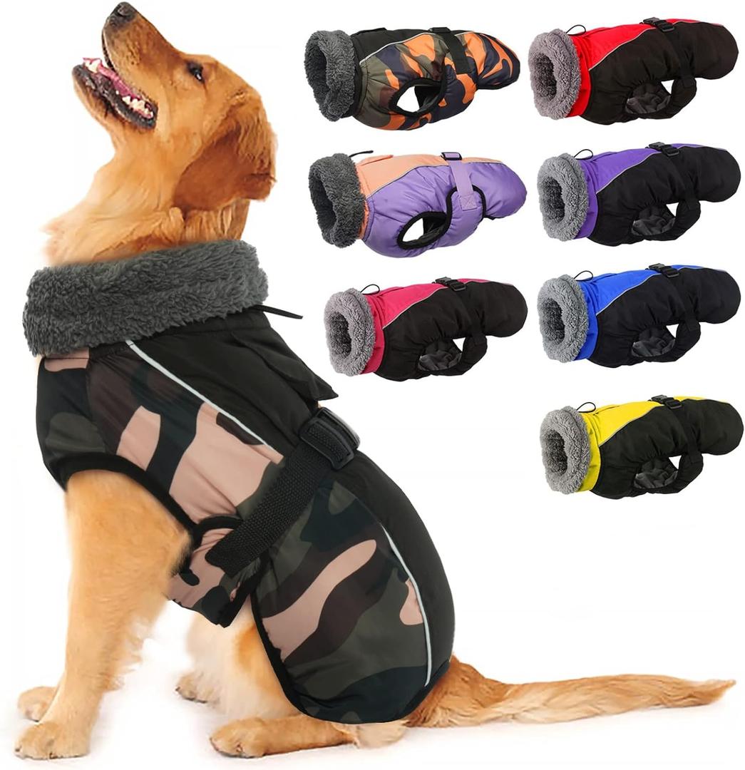 IECOii Extra Warm Dog Coat - Reflective Adjustable Jacket With Buckle Fleece Turtleneck for Cold Weather - Soft Winter Coat for- Green Camo Large (Chest:20.9-24.4 in)