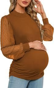 Women's Maternity Shirt Long Sleeve Top Swiss Dot Mock Neck Ribbed Knit Striped Ruched Side Blouse, L, BrownB