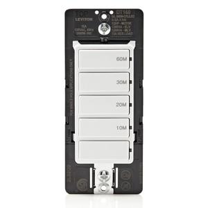 Leviton Countdown Timer Switch for bathroom fan and household lights, 10-20-30-60 min, No Neutral Required, Single Pole, 15A, 1/2HP/9.8A Fan/Motor, DT160-1LW, White