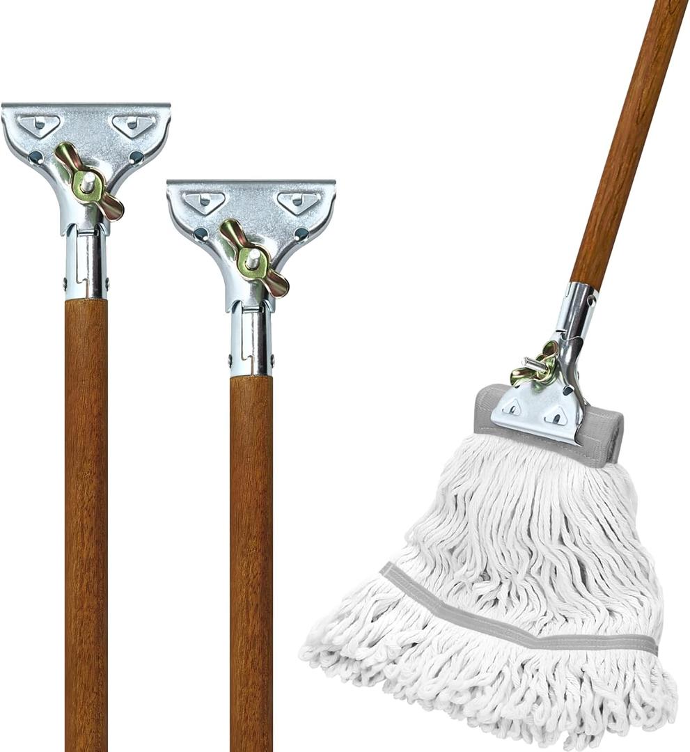59" Mop Claw Clamp Commercial Mop Handle Pack of 2 Industrial Mop Steelhead with Wooden Handle Wet Mops for Floor Cleaning Heavy Duty (Mops not Included)