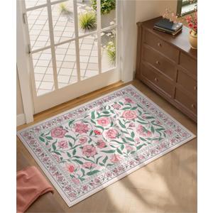 Collive Washable Entryway Rugs 2 x 3, Pink Spring Floral Rug Vintage Boho Kitchen Mats Non Slip, Soft Cute Modern Girly Indoor Mat Ultra-Thin Stain Resistant Carpet for Bathroom, Bedroom, Nursery