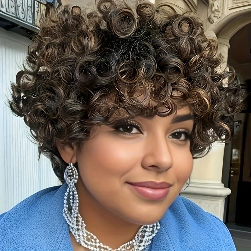 Short Curly Human Hair Wigs For Black Women Glueless Afro Natural Curly Wig Brazilian Virgin 4/27 Color Pixie Cut Wig With Bangs 150% Density Highlight Ombre Blonde Wigs (Natural Curly)