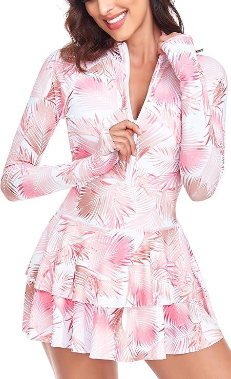 UNIQUEBELLA Rash Guard for Women, 1 Piece Modest Swimsuits for Women - Long Sleeve Swimsuits UV UPF 50+ Swim Shirt (X-Small, Aa-pink)