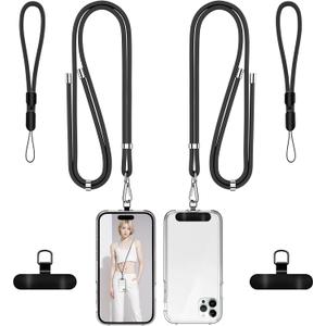takyu Phone Lanyard, 2 Pack Adjustable CellPhone Lanyard Crossbody Neck Strap and 2 Pack Phone Wrist Strap with 2x Tether Metal Tabs for iPhone Android Smartphones-Black