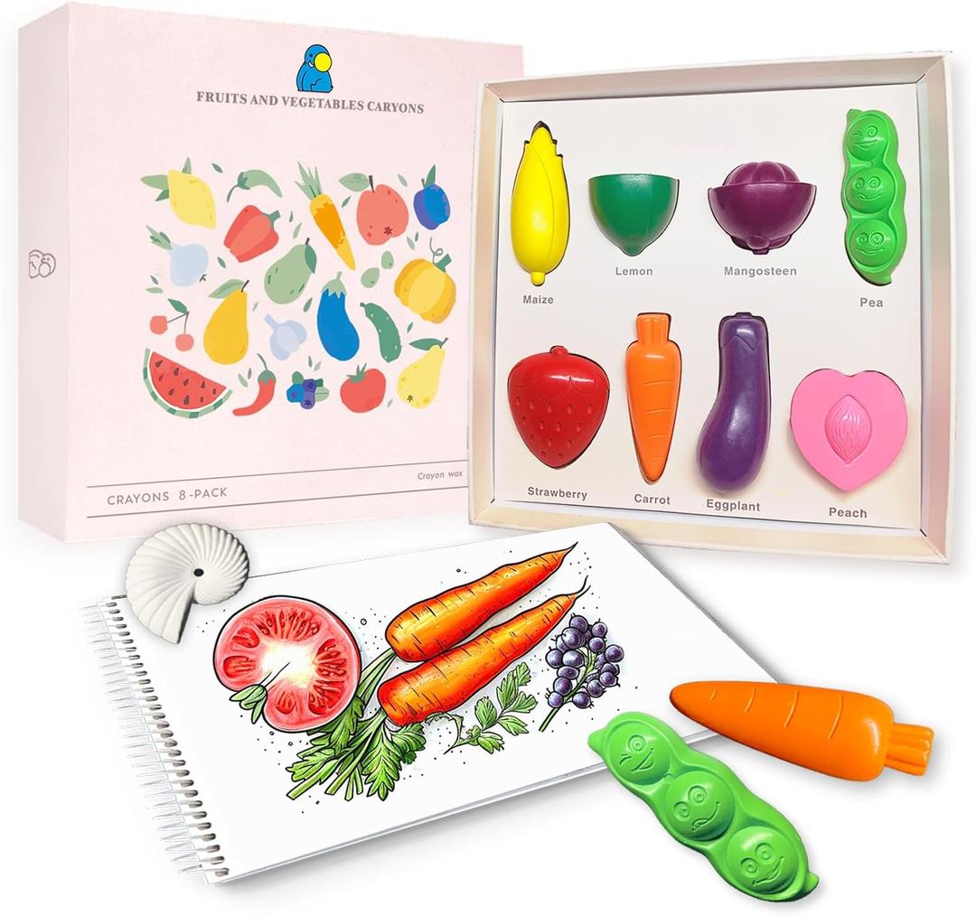 R&DLanci Toddler Crayons 8 Count, Non Toxic Washable Crayons for Toddlers, Unbreakable Easy-Grip Vegetable & Fruit Shaped Crayon for Little Hands, Art and Craft Supplies for Kids