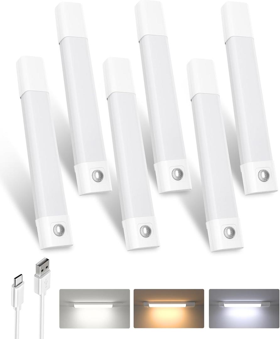 EZVALO Under Cabinet Lighting, 30 LED Rechargeable Under Cabinet Lighting Wireless, 3 Color Temps Under Cabinet Lights, Dimmer Motion Sensor Light Indoor for Pantry, Kitchen, Bedroom, Wardrobe (6 Pcs)