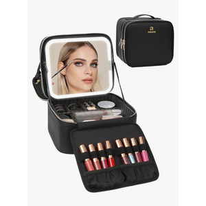 Relavel Makeup Bag with LED Mirror, Travel Makeup Case with Rechargeable Lighted Mirror 3 Color Lights, Dual Layer Cosmetic Box Makeup Brush Lipstick Holder Organizer for Women, Leather Black