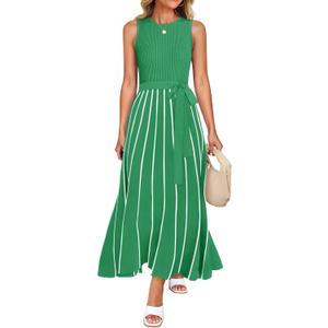 ZESICA Women's Summer Sweater Dress 2026 Sleeveless Crewneck Ribbed Knit Tie Waist Casual A Line Maxi Dresses (Green, S)