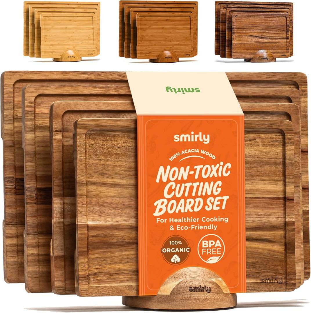 SMIRLY Wooden Cutting Boards For Kitchen - Bamboo Cutting Board Set with Holder, Wood Cutting Board Set, Cutting Board Wood, Wooden Chopping Board, Wooden Cutting Board Set