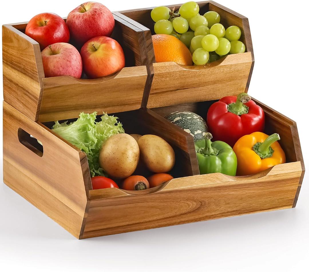 Acacia Wood Pantry Storage Bins - Stackable Open Front Kitchen Baskets with Airflow Vent for Potato, Onion, Fruit, Vegetable, and Bread Storage, Wood Organizer for Pantry and Countertop