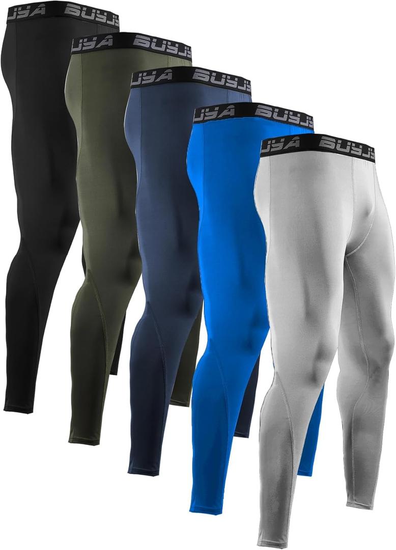 BUYJYA  5 Pack Men's Compression Pants Running Tights Workout Leggings Athletic Cool Dry Yoga Gym Clothes Gift (X-Large)