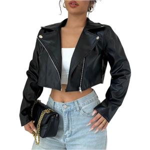 OYOANGLE Women's PU Leather Cropped Jacket Zip Up Motorcycle Jackets Coat (X-Large, Black)