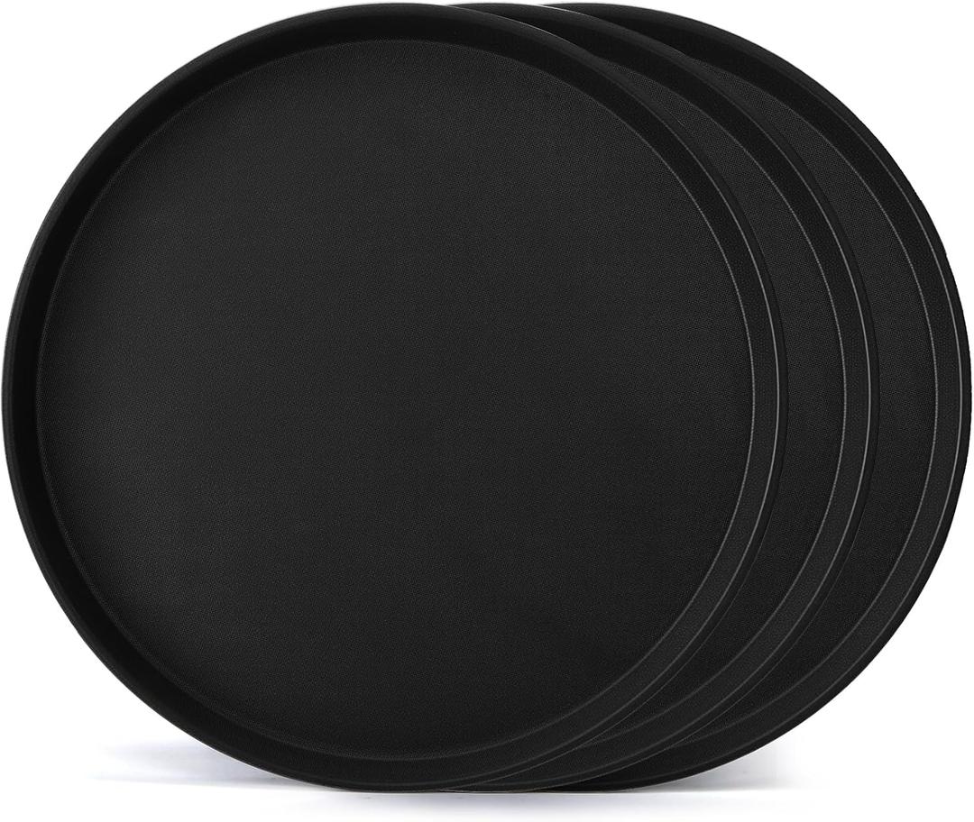 TOPZEA 3 Pack Large Restaurant Serving Tray, 18 Inch Plastic Black Round Server Tray, Non-Slip Rubber Lined Bar Drink Trays Cafeteria Buffet Food Service Trays for Coffee Table, Kitchen, Party
