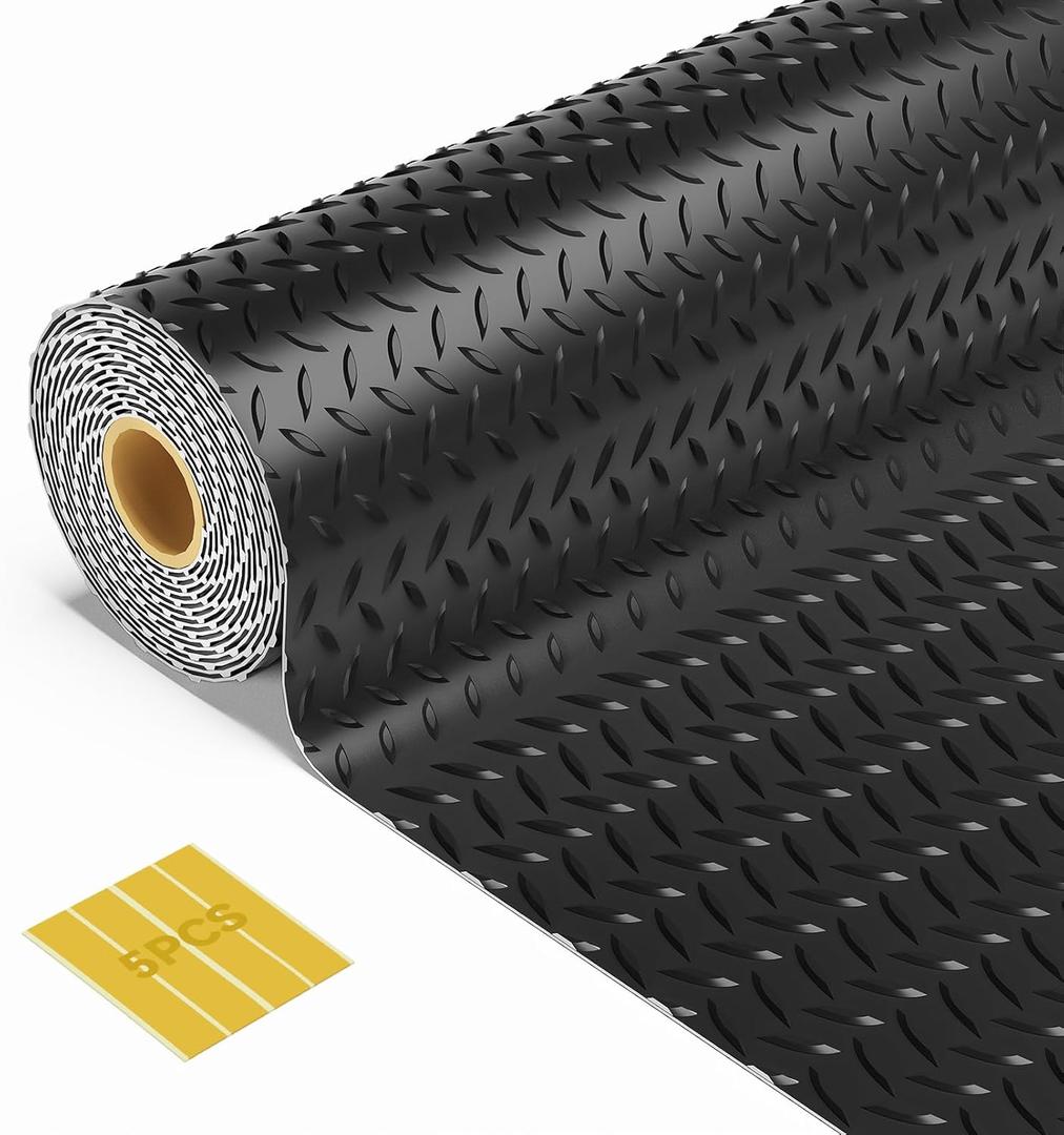 10x20 FT Garage Floor Mat, 2.8mm Thickened Flooring Roll for Under Car Diamond Plate PVC Rubber Mat with 20 Pcs Tapes, Non-Slip Floor Mat for Garage, Warehouse, Gyms, Trailer, Black