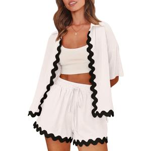 Shy Velvet Lounge Sets for Women Two Piece Sets Summer Pajama Sets Linen Cotton Vacation Outfits With Stylish Ric Rac Trim (L)