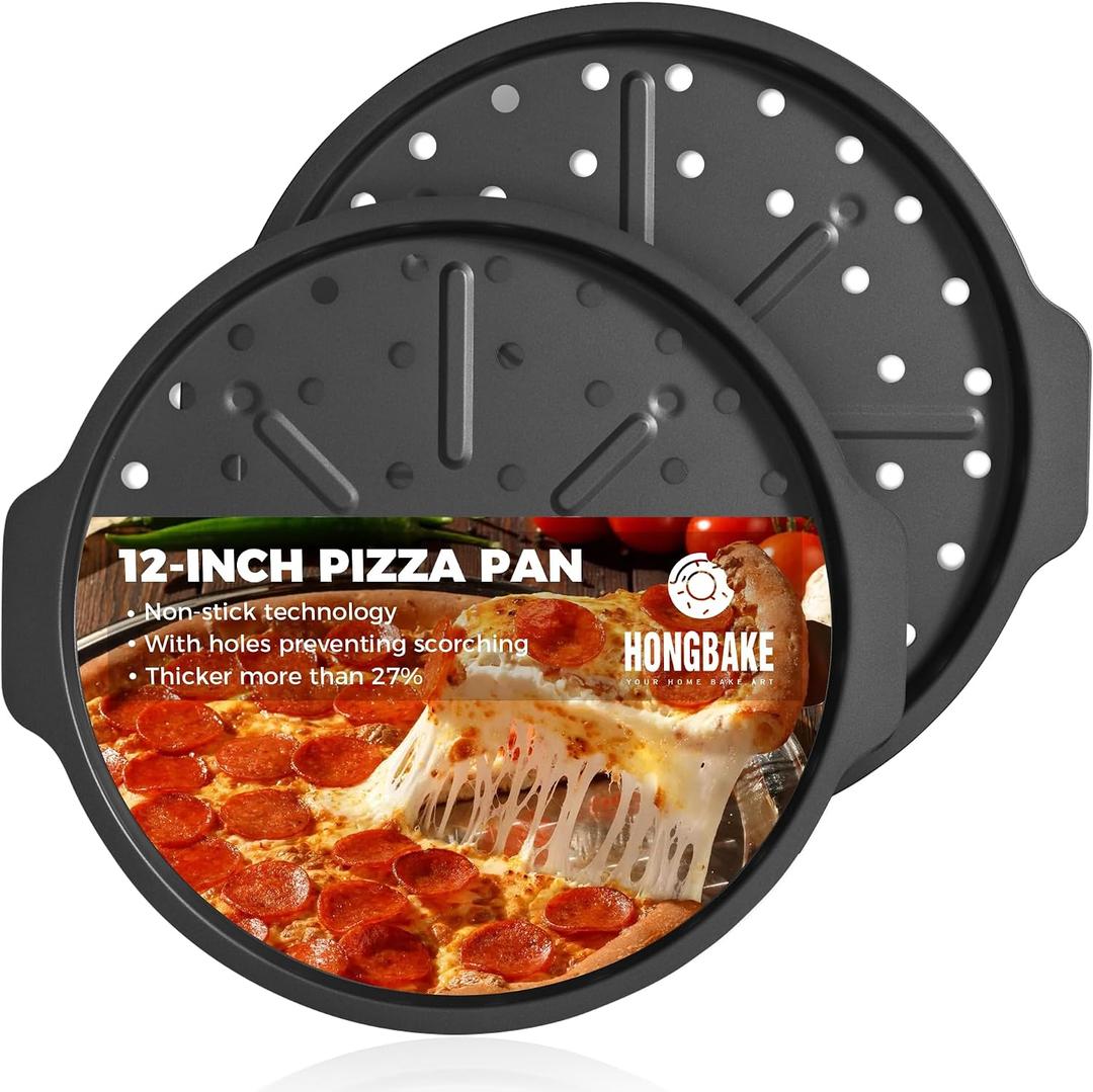 2 x HONGBAKE 2 Pack Pizza Pan with Holes 12 Inch, Nonstick Pizza Tray for Oven with Widen Handles, Hot Air Pizza Crisper Tin, Round Baking Sheet for Frozen & Homemade Pizza, Grey