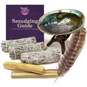 Purple Canyon Smudge Kit (Beginner's Gift Set) - 3 White Sage Smudge Sticks, 2 Palo Santo, Abalone Shell, Smudge Feather w/Stand + Smudging Guide for Home Cleansing & Healing Meditation Rituals