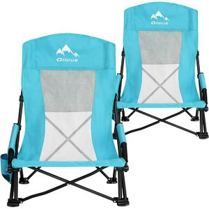 Oileus Low Beach Chair for Beach Tent/Shelter/Camping/Outdoor Ultralight Backpacking Folding Recliner Chairs with Cup Holder/Storage Bag, Carry Bag, Breeze Mesh Back, Compact Duty 2 Pcs