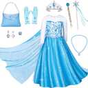Blue Princess Costumes for Little Girls Dress Up Birthday Party with Accessories (6-7 Years, Blue 89)