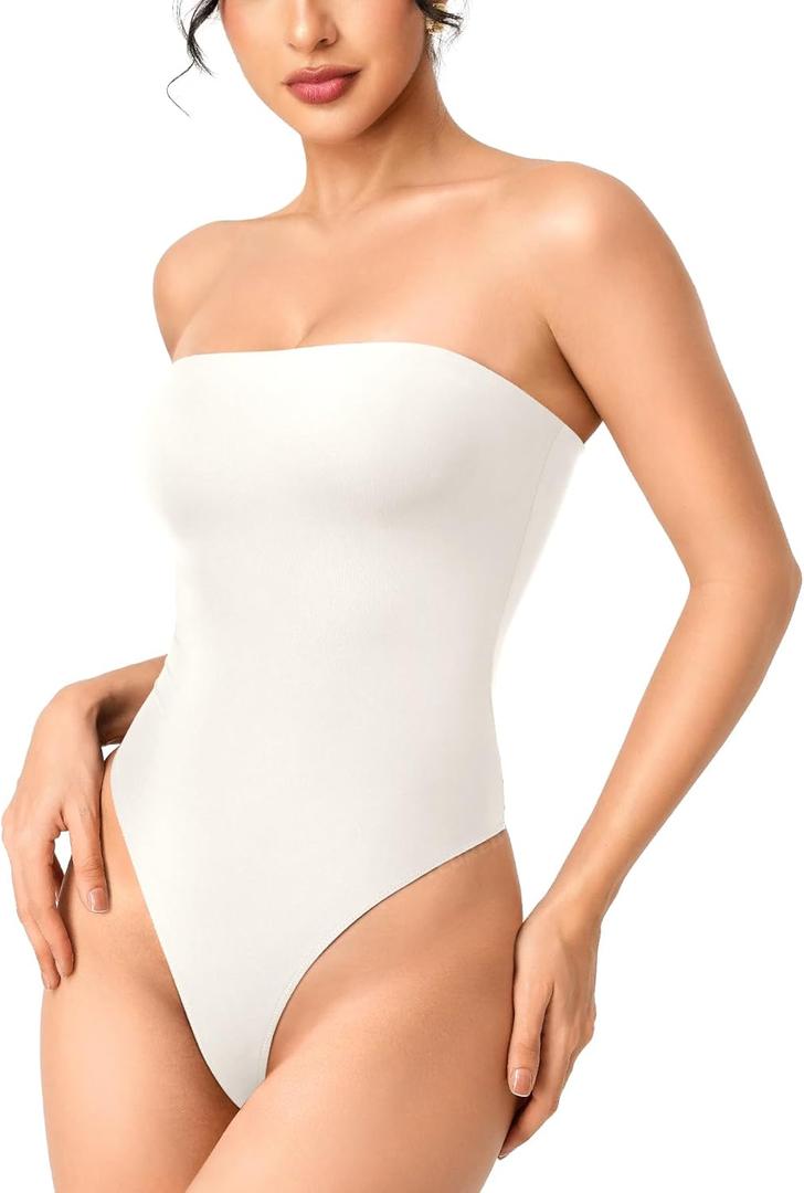 YEOREO Hyperflex Strapless Bodysuit Tube Top Off Shoulder Double Lined Thong Bodycon Slim Fit Summer Sexy Leotard (M, White)
