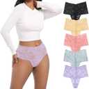 Retro Lace Thongs For Women Plus Size Breathable Seamless Cotton Panties Tummy Control High Waisted Underwear Pack 5 (XX-Large, Leaf Pattern-black+grey+nude+light Purple+pink)