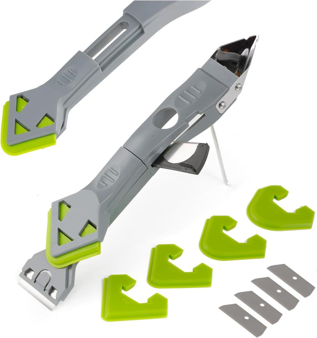 3 x Caulking Silicone Smother Remover Tool, 7-in-1 kit Scraper, Silicone Smoother, Rubber Shovel, 5 Pads, Sickle, 4 Blades. Stainless Steel Nozzle applicator, Tile Grout Removal Set I Green