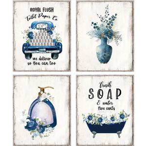 Funny Wall Art Poster, Blue Bathroom Decor, Navy Flowers Pictures, Rustic Vintage Country Farmhouse Decor (Set Of 4 8x10 In No Frame)