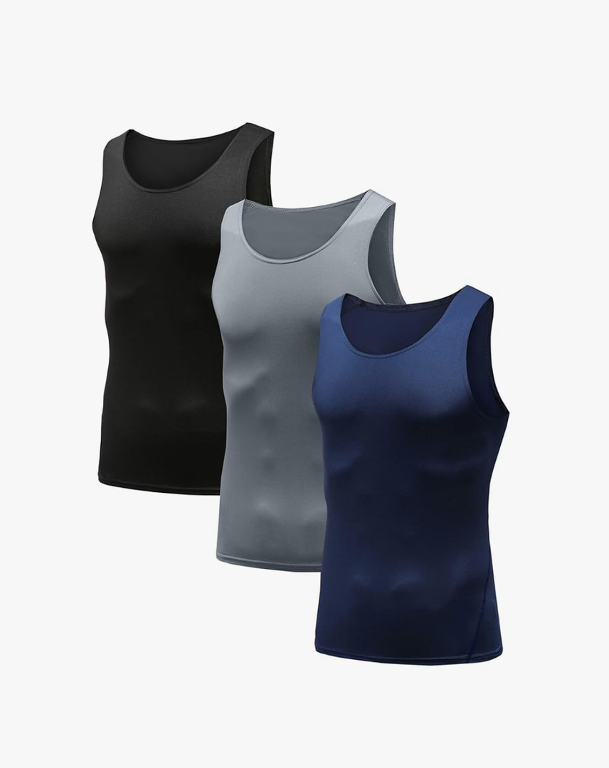 HIBETY Men's 3 Pack Sleeveless Compression Tank Top, Base Layer Cool Dry Compression Shirts Muscle Gym Tank Tops , Size L