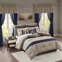 Madison Park Essentials Delaney 24-Piece Room In A Bag Comforter Set-Satin Jacquard All Season Luxury Bedding, Sheets, decorative pillows and Curtains, Valance, King (104 in x 92 in), Medallion Navy