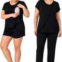 Rnxrbb 3 PCS Nursing Pajamas Set Postpartum Pjs Breastfeeding Sleepwear for Women Double Layer with Pockets, M